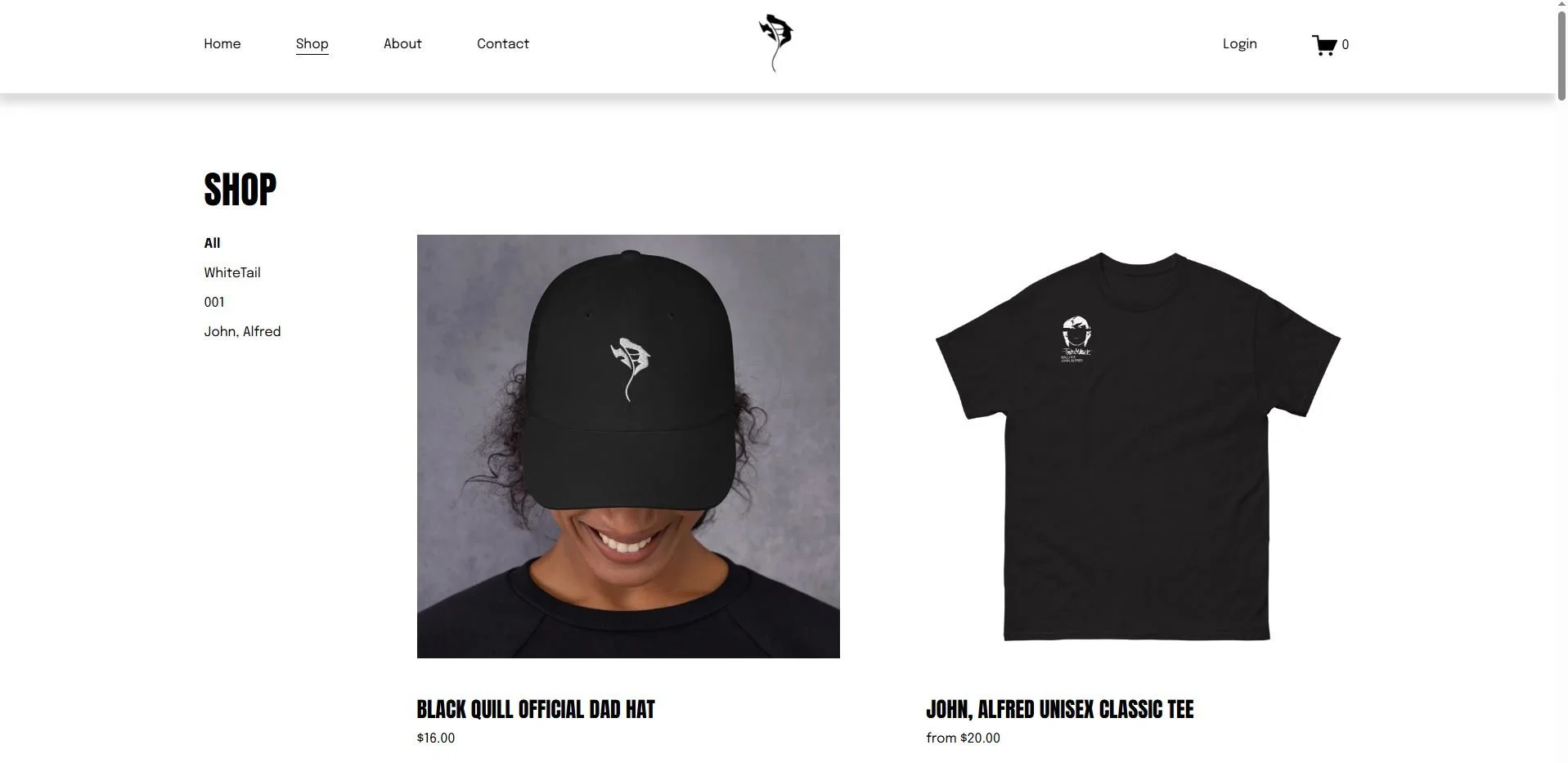 Online shop webpage displaying a black dad hat with a logo, and a black unisex T-shirt with a small logo on the chest, both with branded designs.