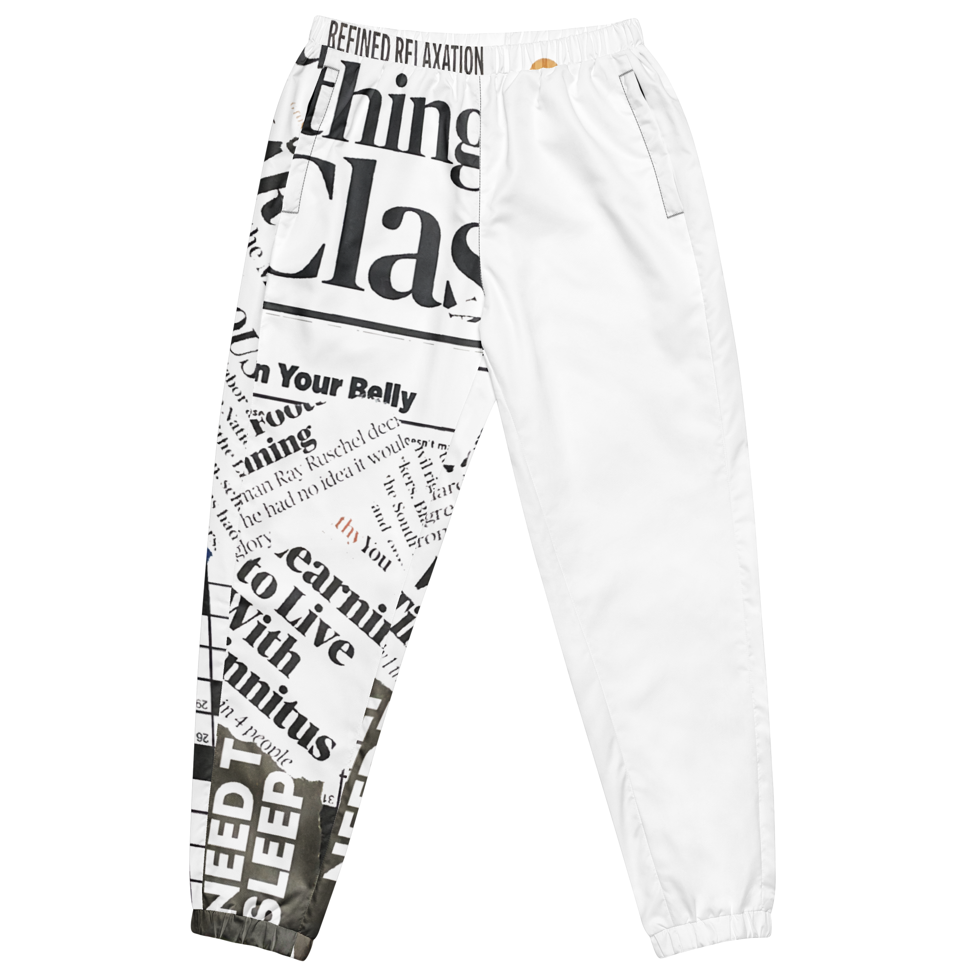 Pair of white shorts with black text and newspaper print design on the left leg and an elastic waistband.