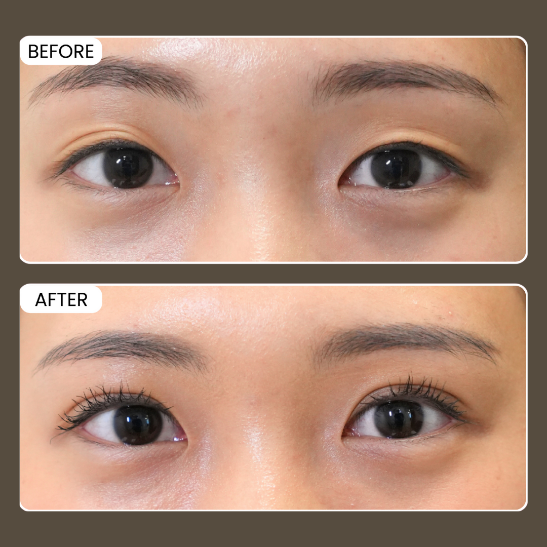 Close-up of a person's eyes showing a before-and-after comparison of eyelash makeup, with the after image featuring enhanced, curled eyelashes.