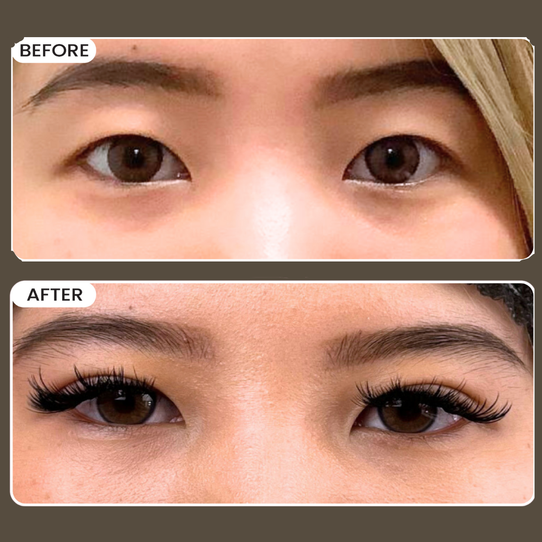 Close-up of a woman's eyes before and after applying makeup, with the after image showing enhanced eyelashes and eyebrows.