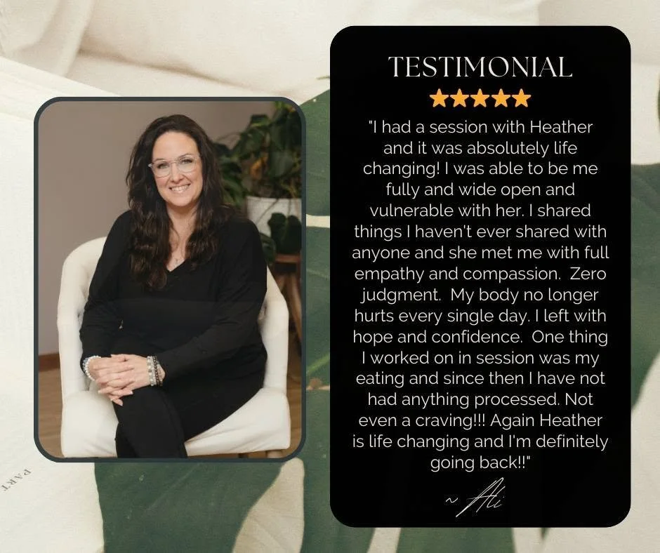 A woman with long dark hair and glasses, dressed in black, sitting on a white chair, smiling. To her right, a black box with a five-star rating and a testimonial quote about her positive impact.