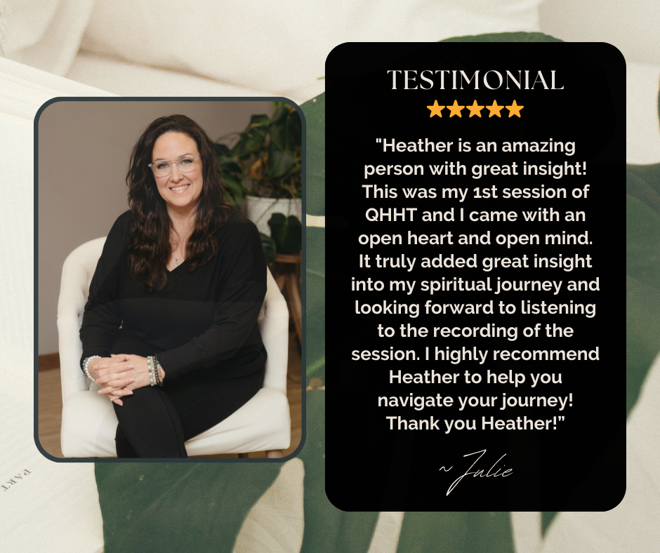 A woman with long brown hair and glasses is sitting on a white chair, smiling. She is wearing a black top and jewelry, with a potted plant in the background. Next to her is a testimonial quote praising Heather for her insight during a session, attributed to Julie.