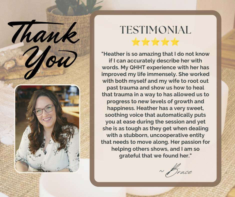 A thank you card featuring a woman's testimonial about Heather, with a photo of Heather with long wavy hair, glasses, and a white blouse. The card includes a five-star rating and a message of appreciation.