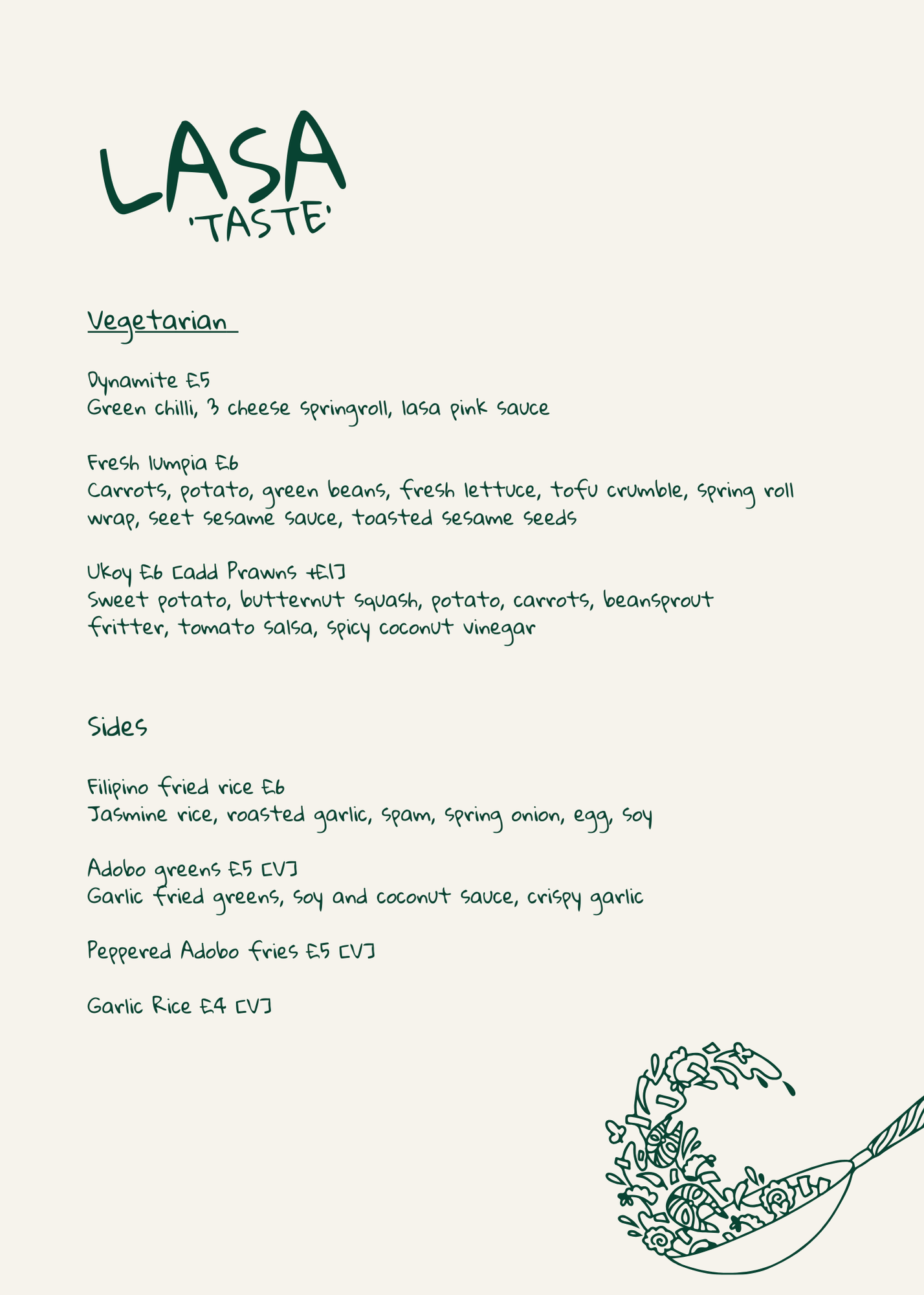 Menu for Lasa Taste featuring vegetarian dishes and sides, with a drawing of a spoon filled with noodles and vegetables.