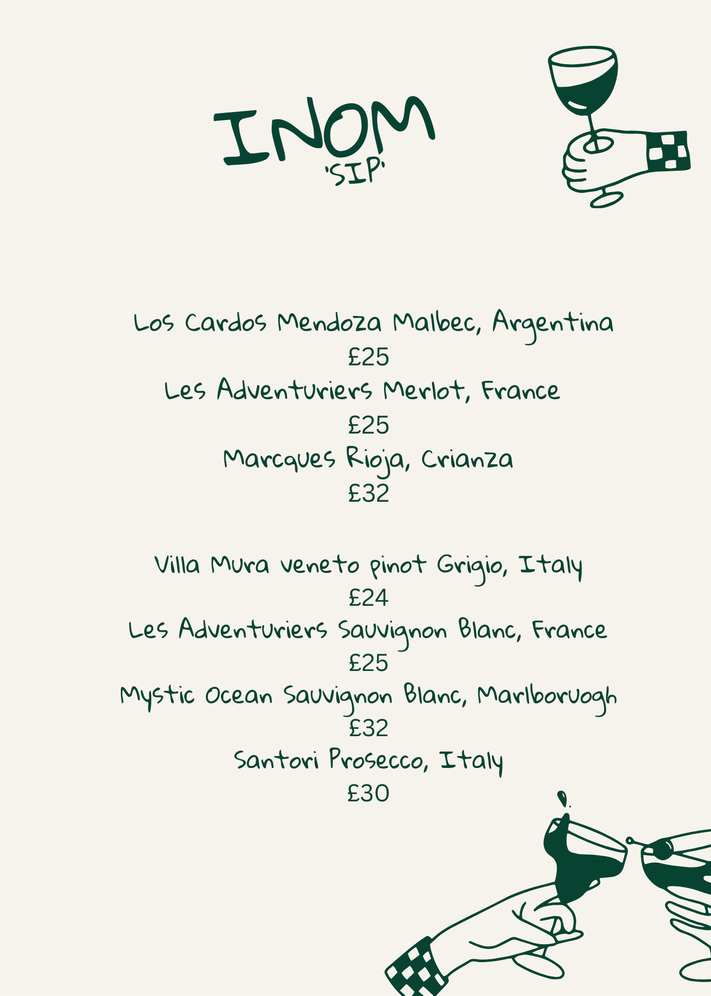 Wine menu featuring selections from Argentina, France, Italy, and Marlborough with prices, decorated with drawing of glasses clinking.