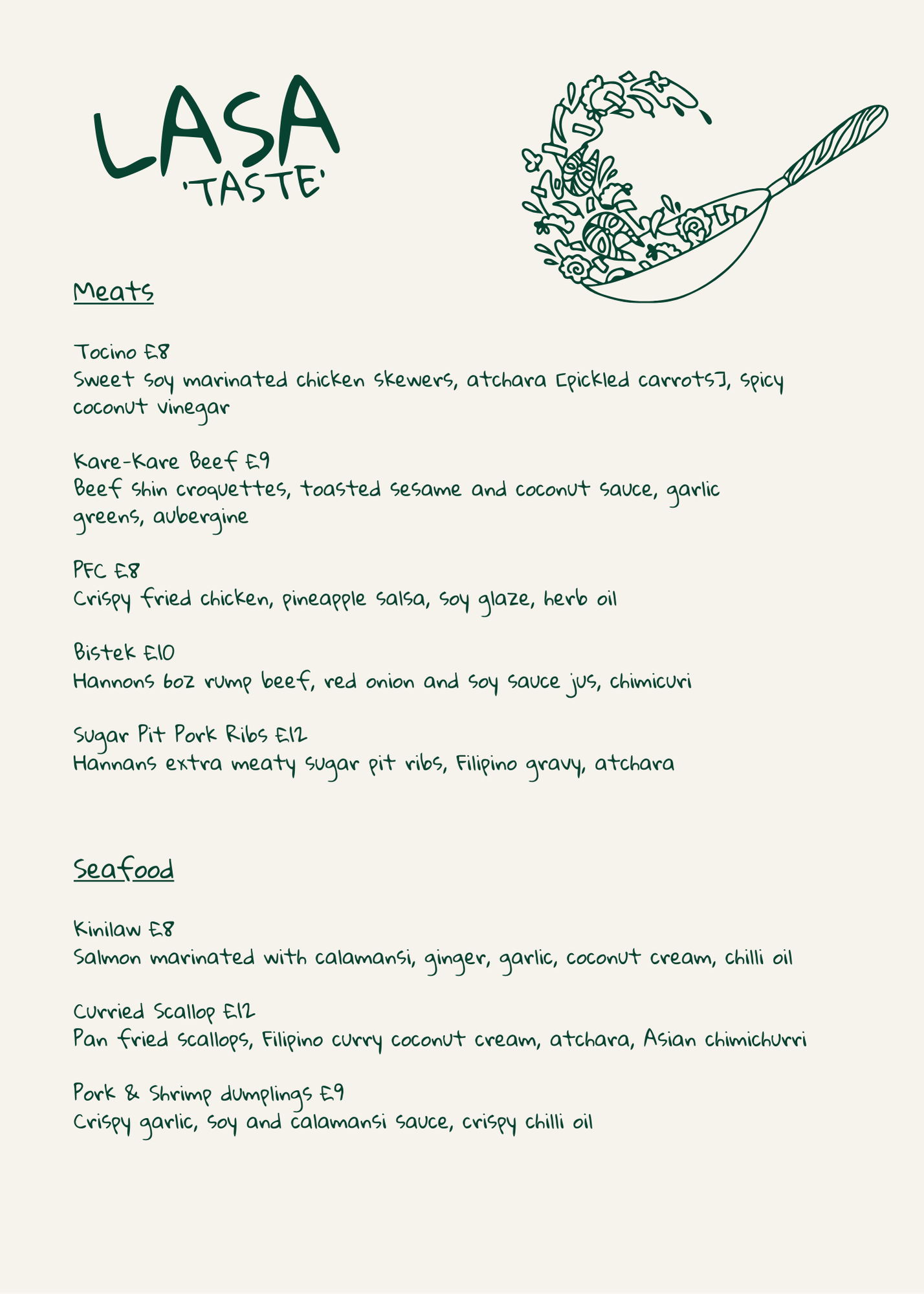 Menu of Filipino dishes including meats and seafood, with illustrations of noodles or pasta at the top right.