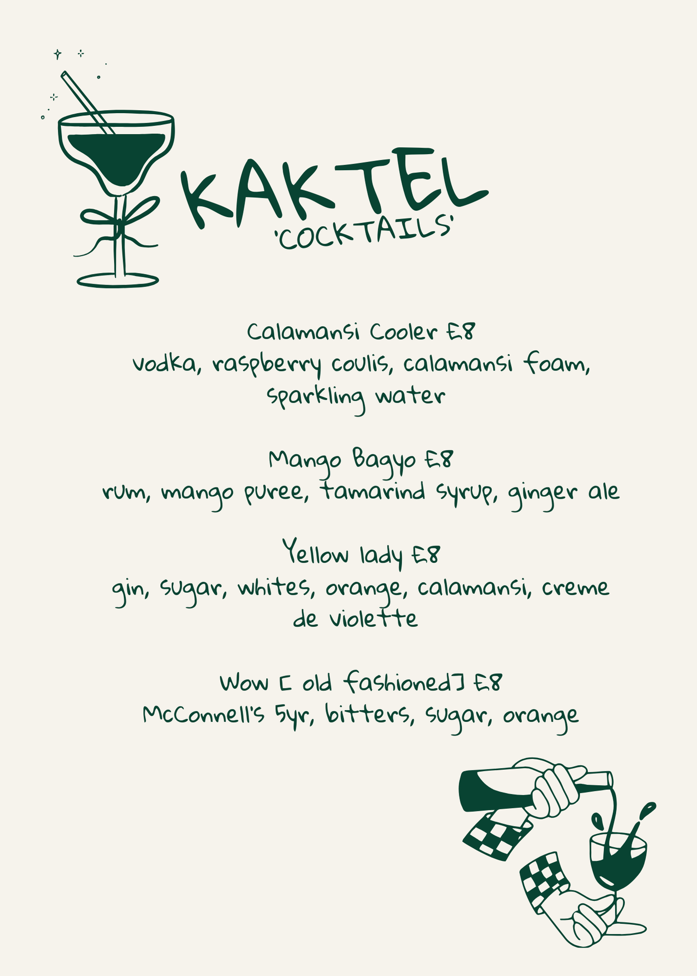 Menu of cocktails featuring Calamansi Cooler, Mango Baguio, Yellow Lady, and Wow E old fashioned, with illustrations of a cocktail glass and a hand pouring a drink.