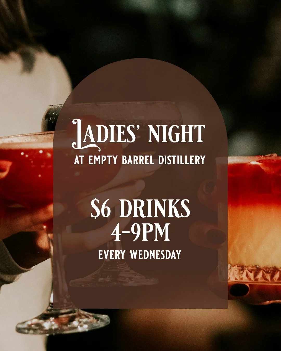 Did someone say....ladies' night?! 🍹🍸

Your Wednesday evening just got better. Each week from 4&ndash;9 PM, enjoy $6 cocktails, handcrafted with our signature spirits.

Bring your girlfriends, unwind and make midweek feel like the weekend. 

Tag wh