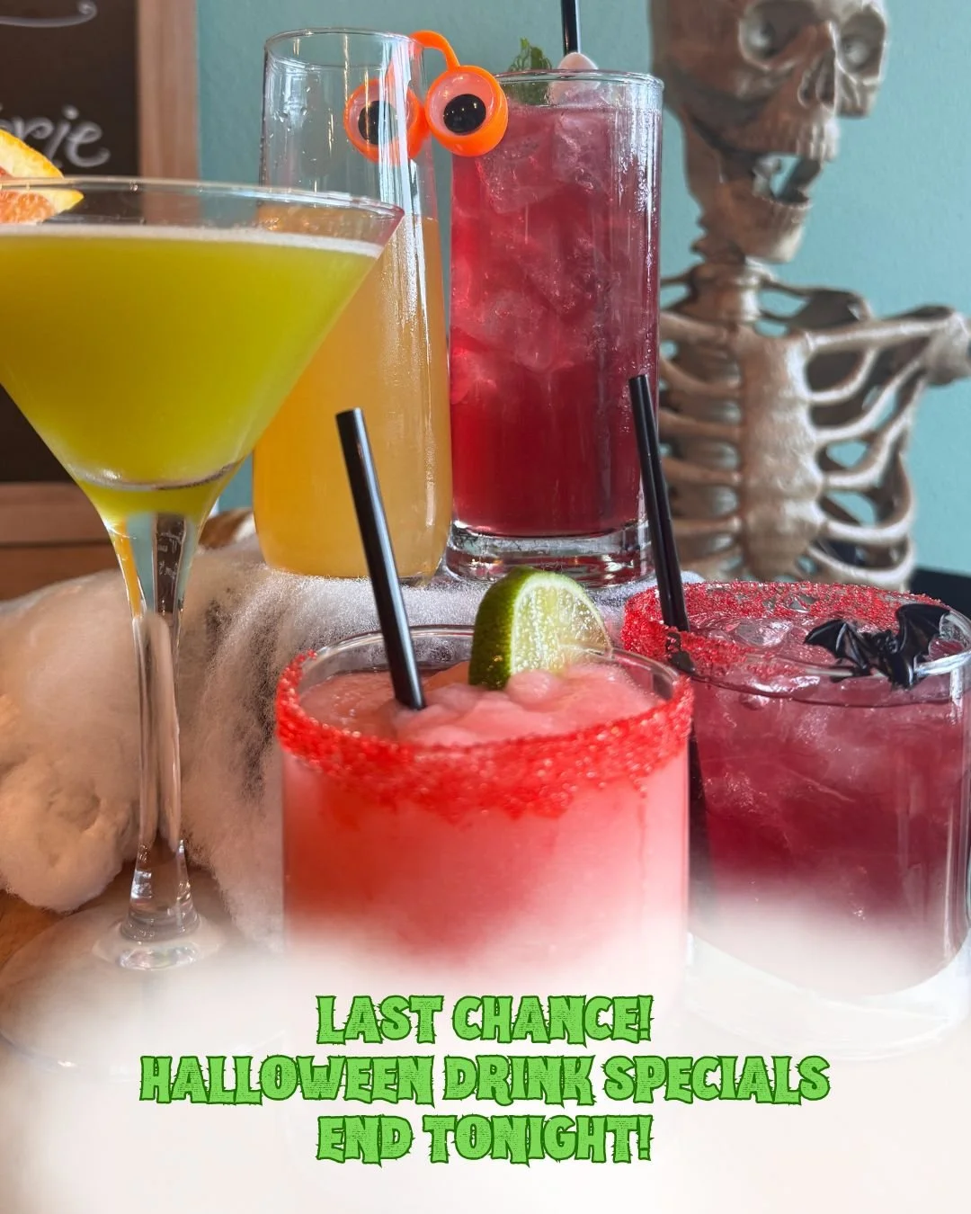 Tonight is your last chance to give our Halloween specials a try! 🎃👻

Come grab a Monster Mash Martini, Boo-zy Bellini, Midnight Mojito, Strawberry Scream Margarita, or Vampire&rsquo;s Kiss Mocktail before they're gone for good.

Here until 10pm!