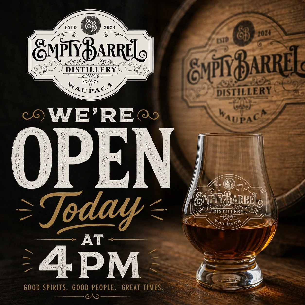 Due to a private event, we&rsquo;ll be opening at 4PM today.
We&rsquo;ll see you tonight at Empty Barrel Distillery! 🥃