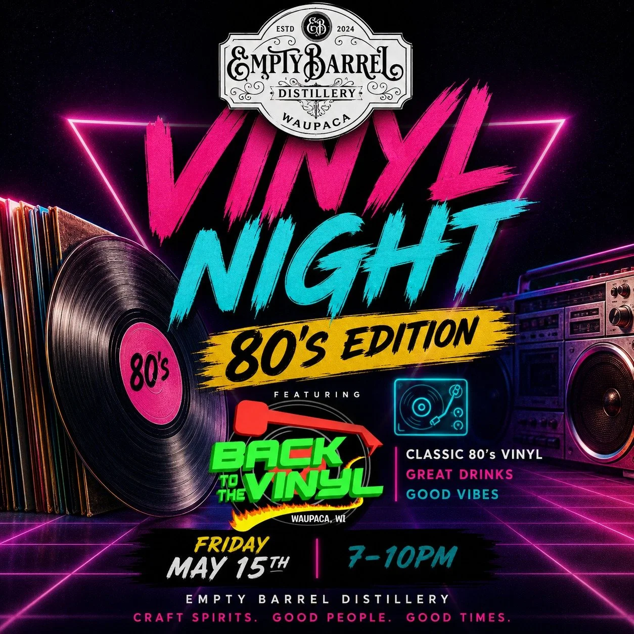 🎶 VINYL NIGHT: 80&rsquo;s EDITION 🎶
Break out the retro vibes and join us at Empty Barrel Distillery for a night of classic 80&rsquo;s vinyl spun by Back to the Vinyl!
🕺 Classic 80&rsquo;s hits
🍸 Craft cocktails &amp; great drinks
🎵 Real vinyl. 