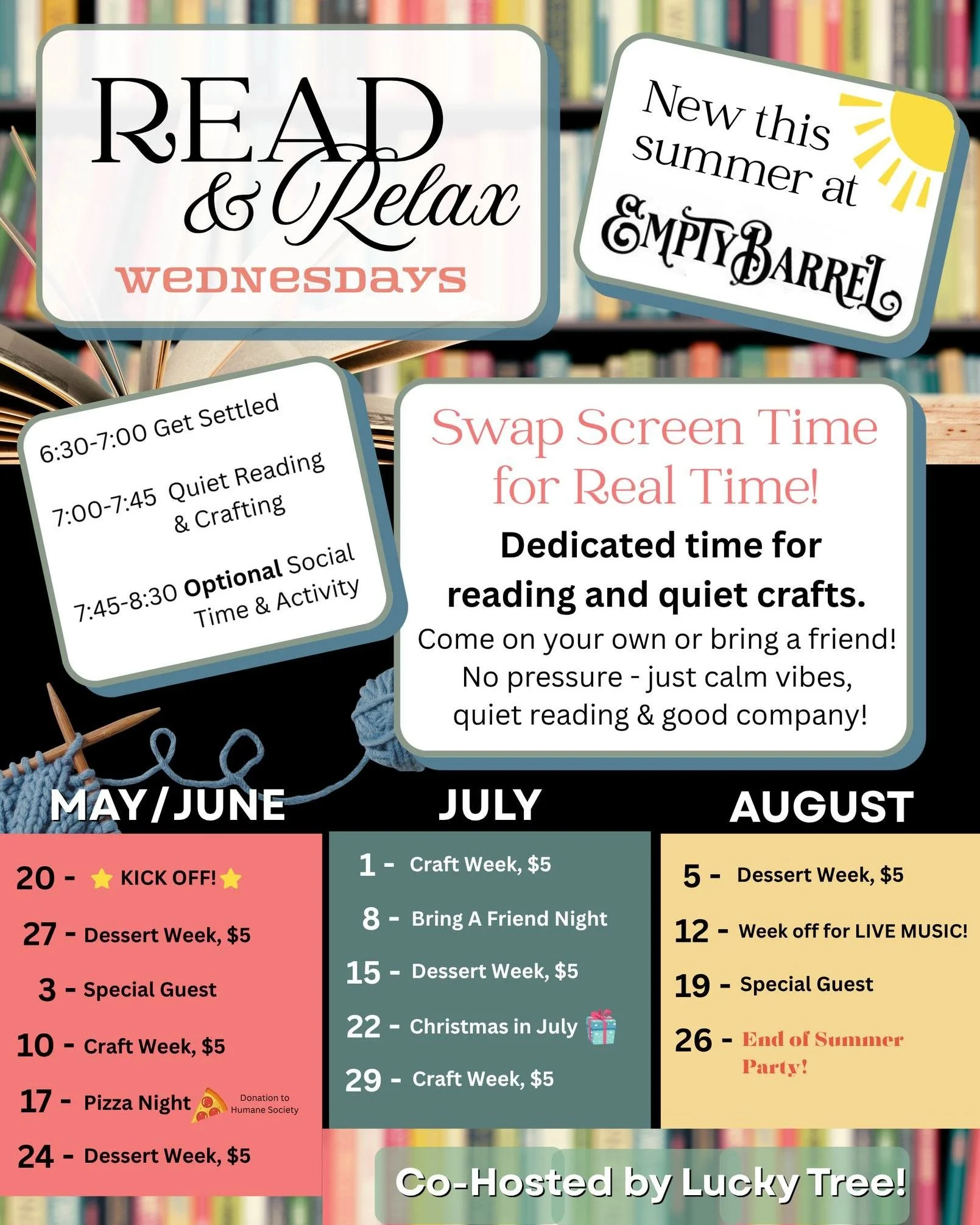 Tomorrow at Empty Barrel Distillery is our first Read &amp; Relax of the year! 📚✨🍸
Join us at 6:30pm to get settled in and grab a cocktail before quiet reading and crafting begins at 7pm. 📖
After the silent reading session, feel free to socialize 