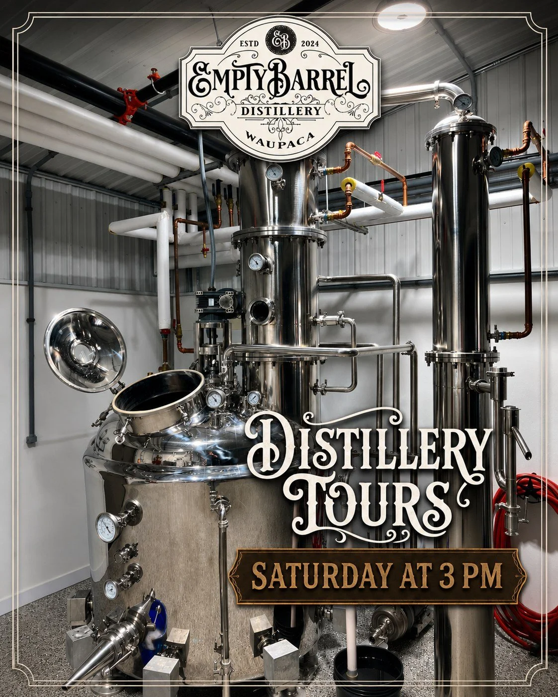 🥃 Distillery Tours tomorrow at 3pm!
Go behind the scenes at Empty Barrel Distillery and get an up-close look at our still, our process, and what goes into every bottle we make.
Join us this Saturday at 3 PM for a free distillery tour &mdash; no tick