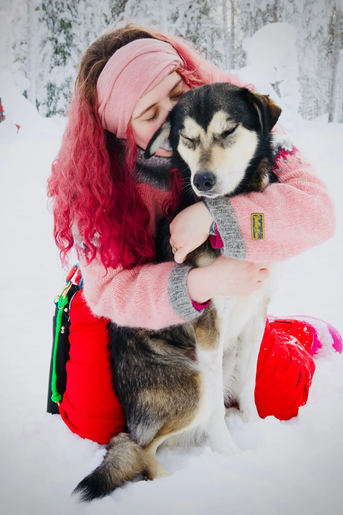A woman with long, curly pink hair wearing a pink headband and a cozy pink sweater hugs and kisses a large black and white husky dog in a snowy outdoor setting.