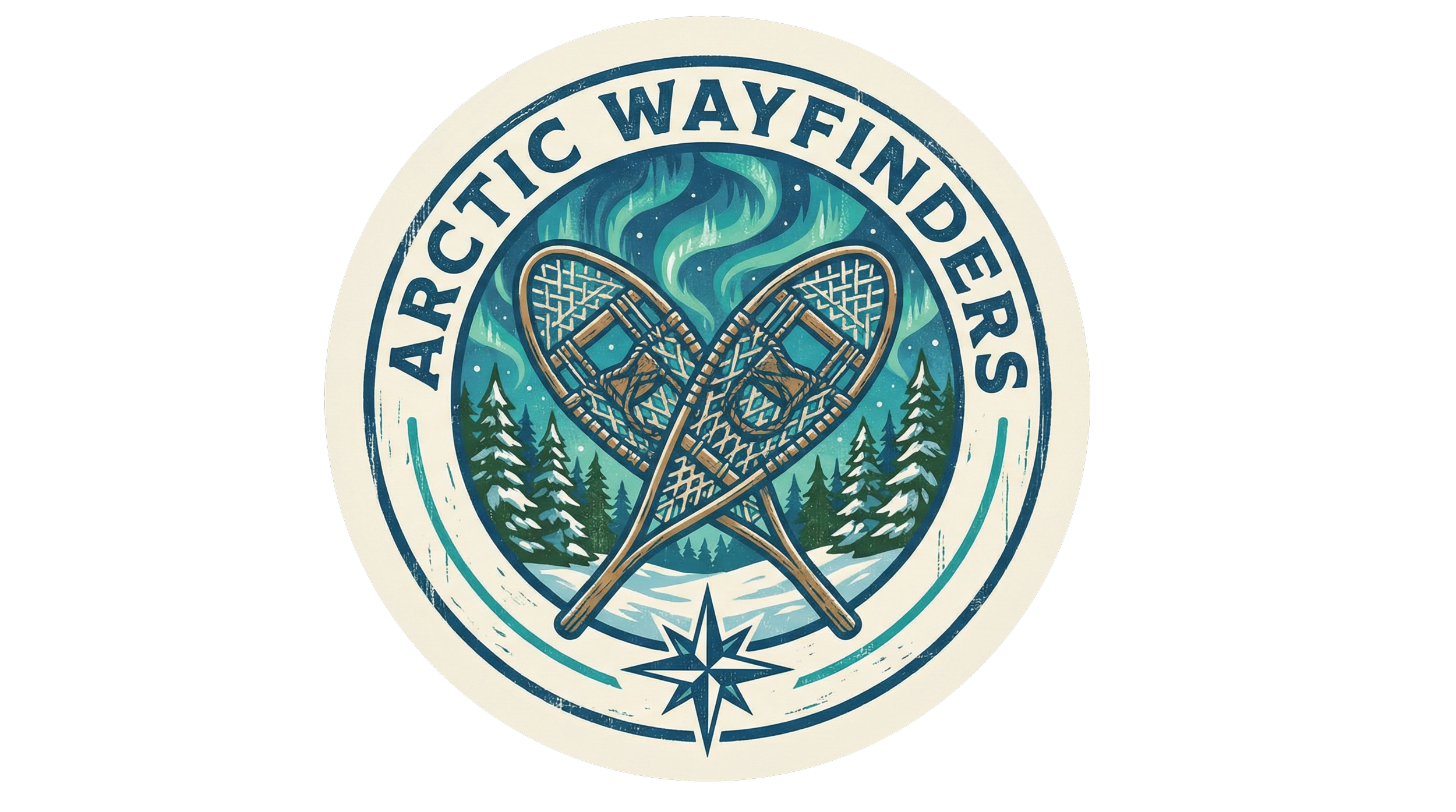 A circular patch with the text ‘Arctic Wayernnders’ around the top edge. Inside, two crossed hiking ice axes are depicted over a snowy landscape with pine trees, under a night sky with the northern lights.