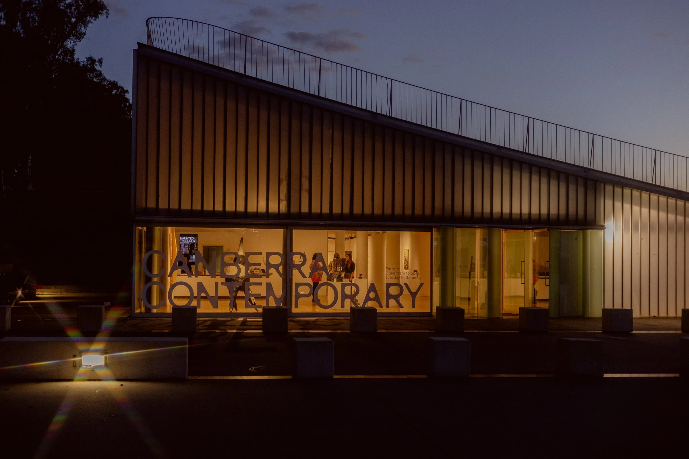 View from outside, 'BLAZE' curated by Sophia Cai at Canberra Contemporary, 2026. Photo by Cassie Abraham