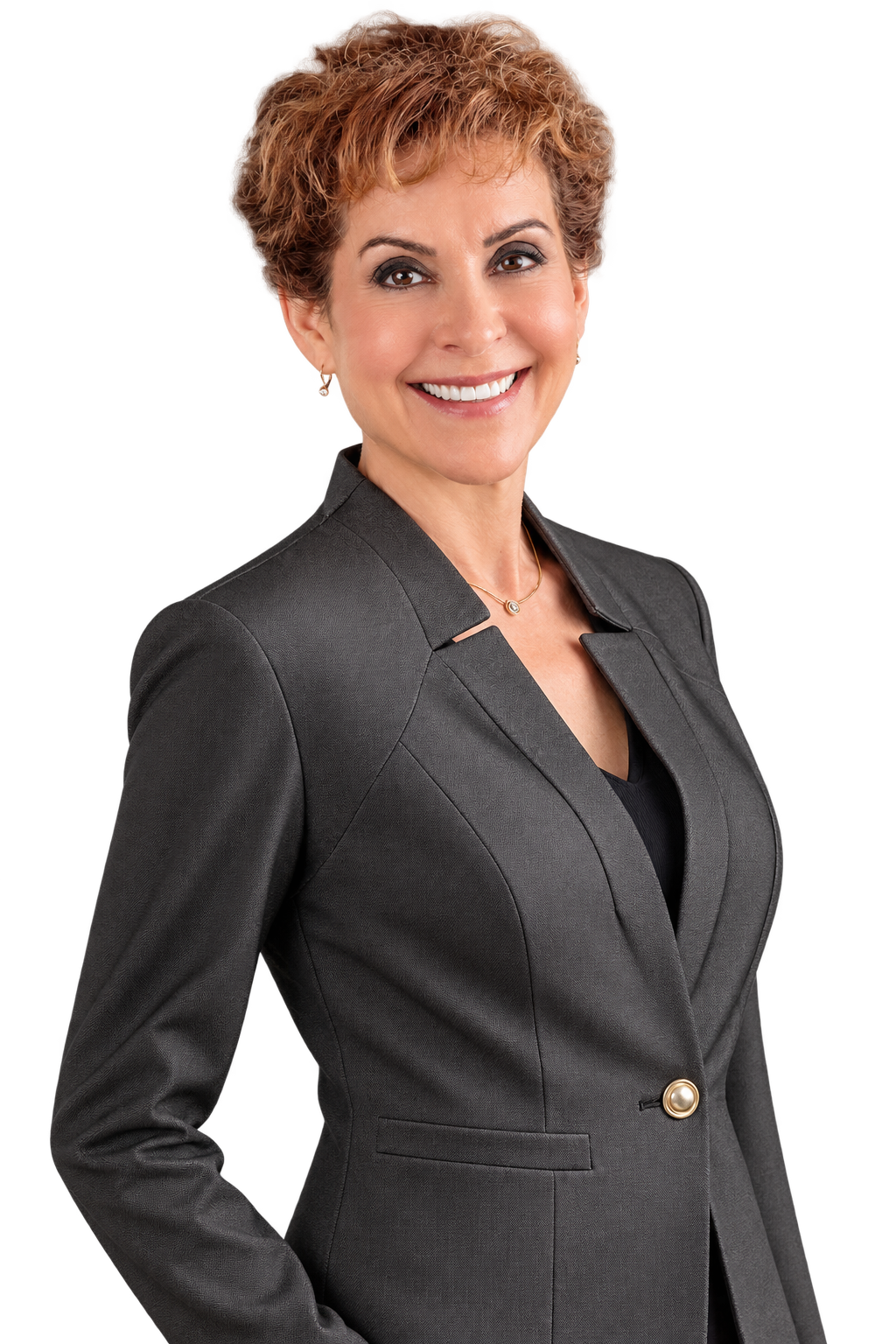 A professional woman with short, curly red hair smiling in a gray business suit.