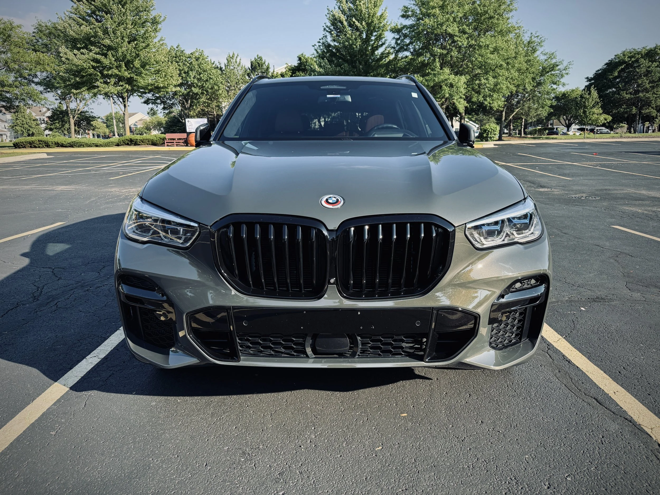 Nardo Gray BMW X5 M50i luxury SUV parked in Chicago featuring black wheels, aggressive styling, and a twin-turbo V8 engine.