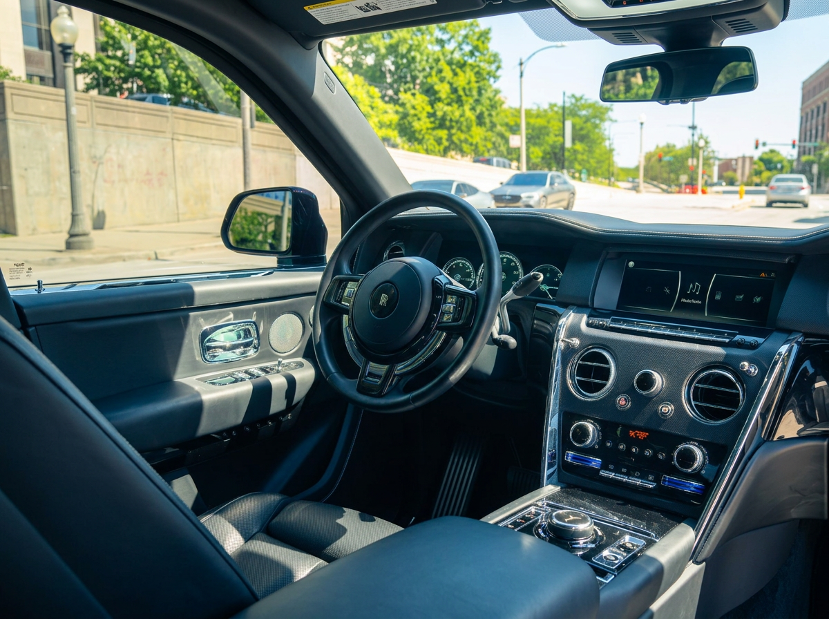 Black Rolls-Royce Cullinan luxury SUV available for self-drive rental and chauffeur service in Chicago through Axel Luxury.