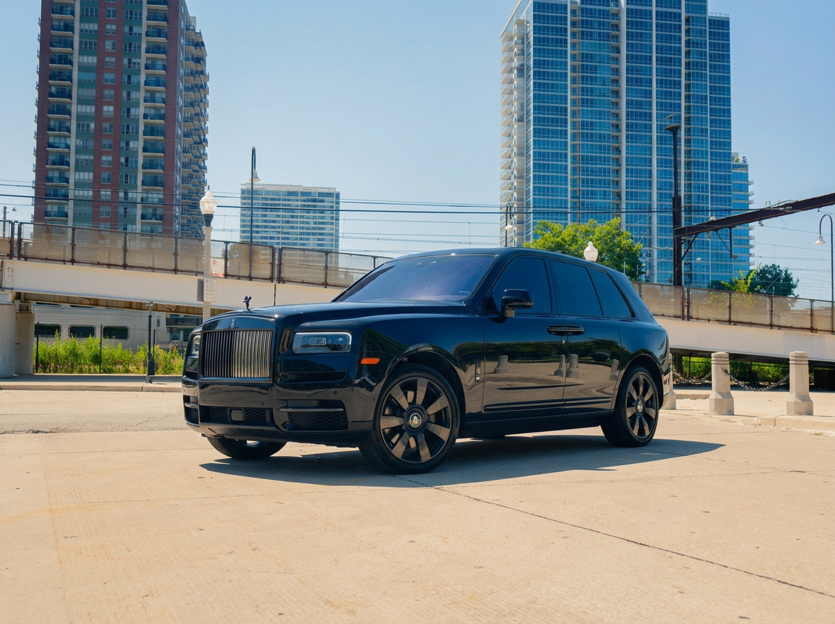 Black Rolls-Royce Cullinan luxury SUV available for self-drive rental and chauffeur service in Chicago through Axel Luxury.