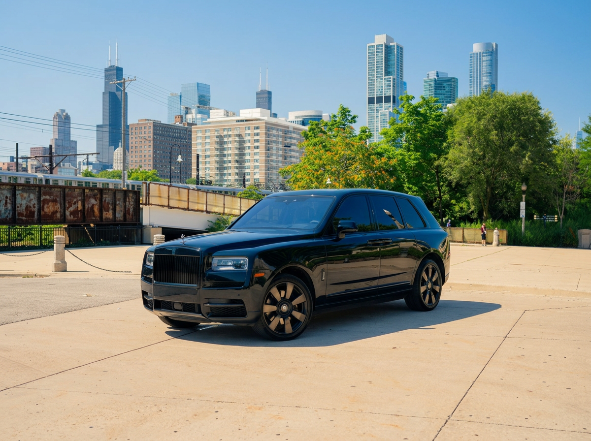 Black Rolls-Royce Cullinan luxury SUV available for self-drive rental and chauffeur service in Chicago through Axel Luxury.