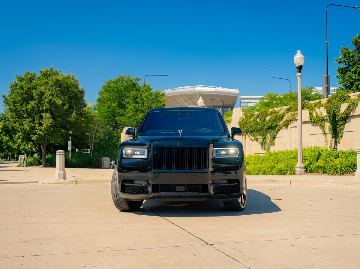 Black Rolls-Royce Cullinan luxury SUV available for self-drive rental and chauffeur service in Chicago through Axel Luxury.