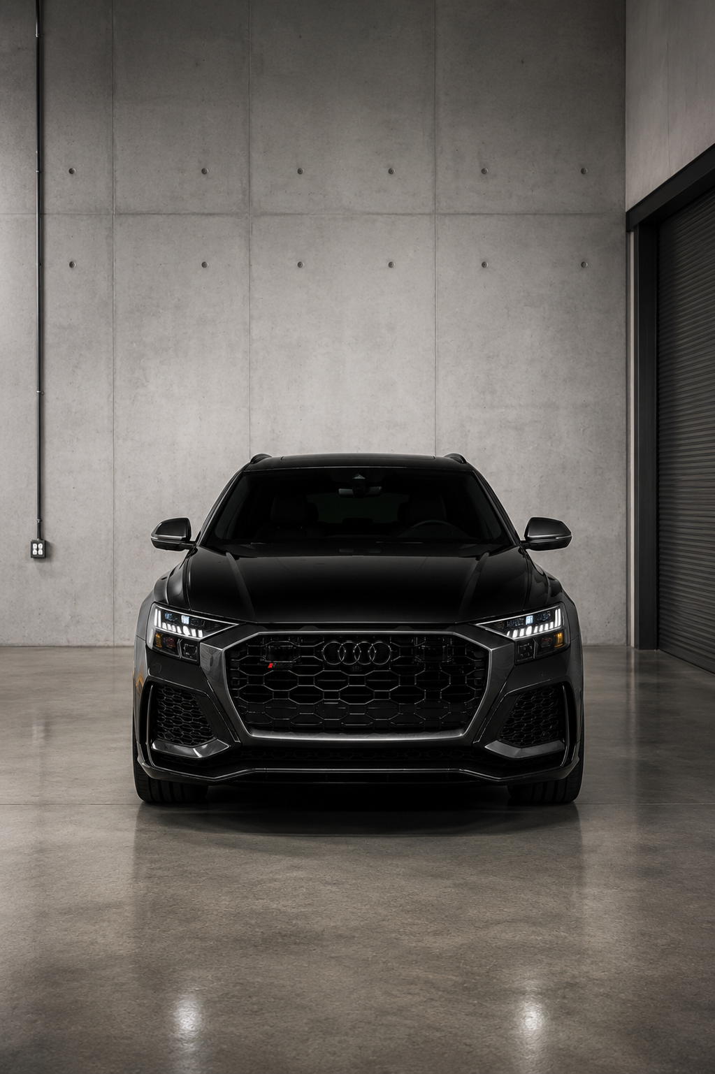 Black Audi RS Q8 rental in Chicago featuring a luxurious tan leather interior, aggressive RS styling, and a high-performance twin-turbo V8 SUV available for luxury and exotic car rental.