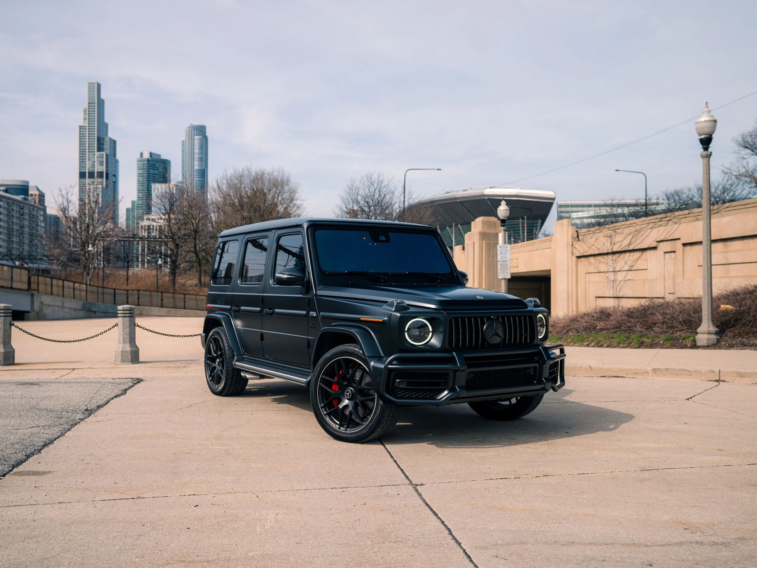 Matte black Mercedes-Benz AMG G63 with red leather interior luxury SUV rental in Chicago