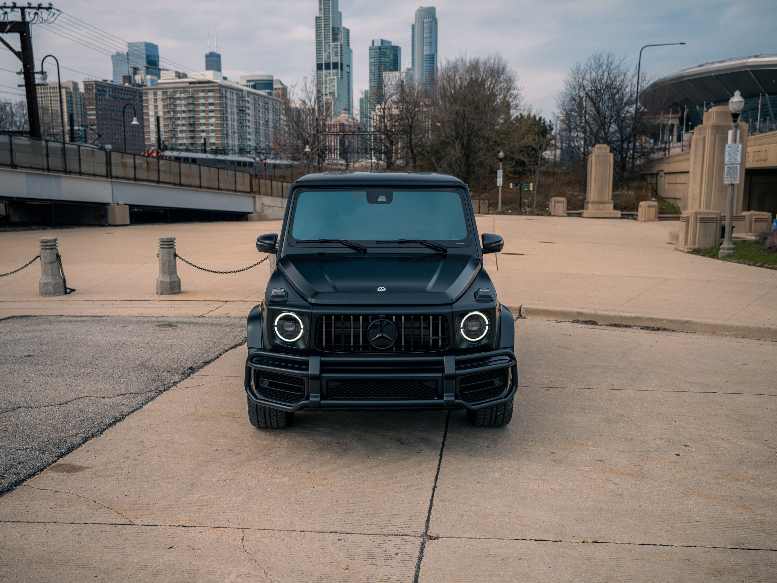 Matte black Mercedes-Benz AMG G63 with red leather interior luxury SUV rental in Chicago
