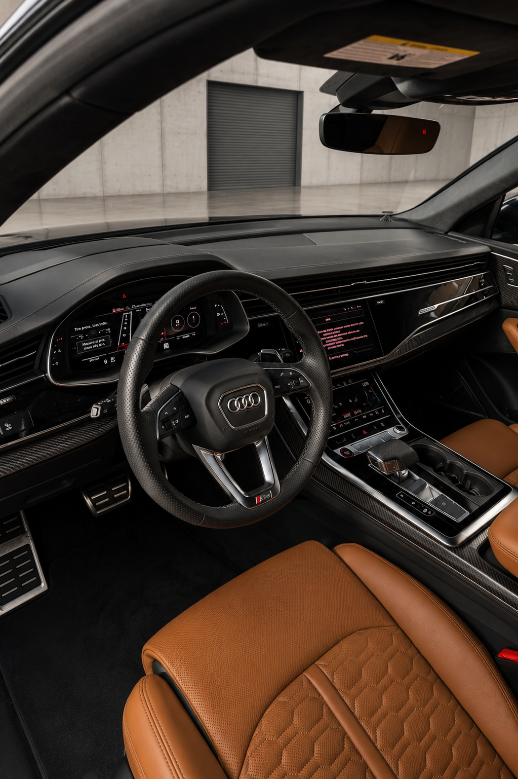 Black Audi RS Q8 rental in Chicago featuring a luxurious tan leather interior, aggressive RS styling, and a high-performance twin-turbo V8 SUV available for luxury and exotic car rental.