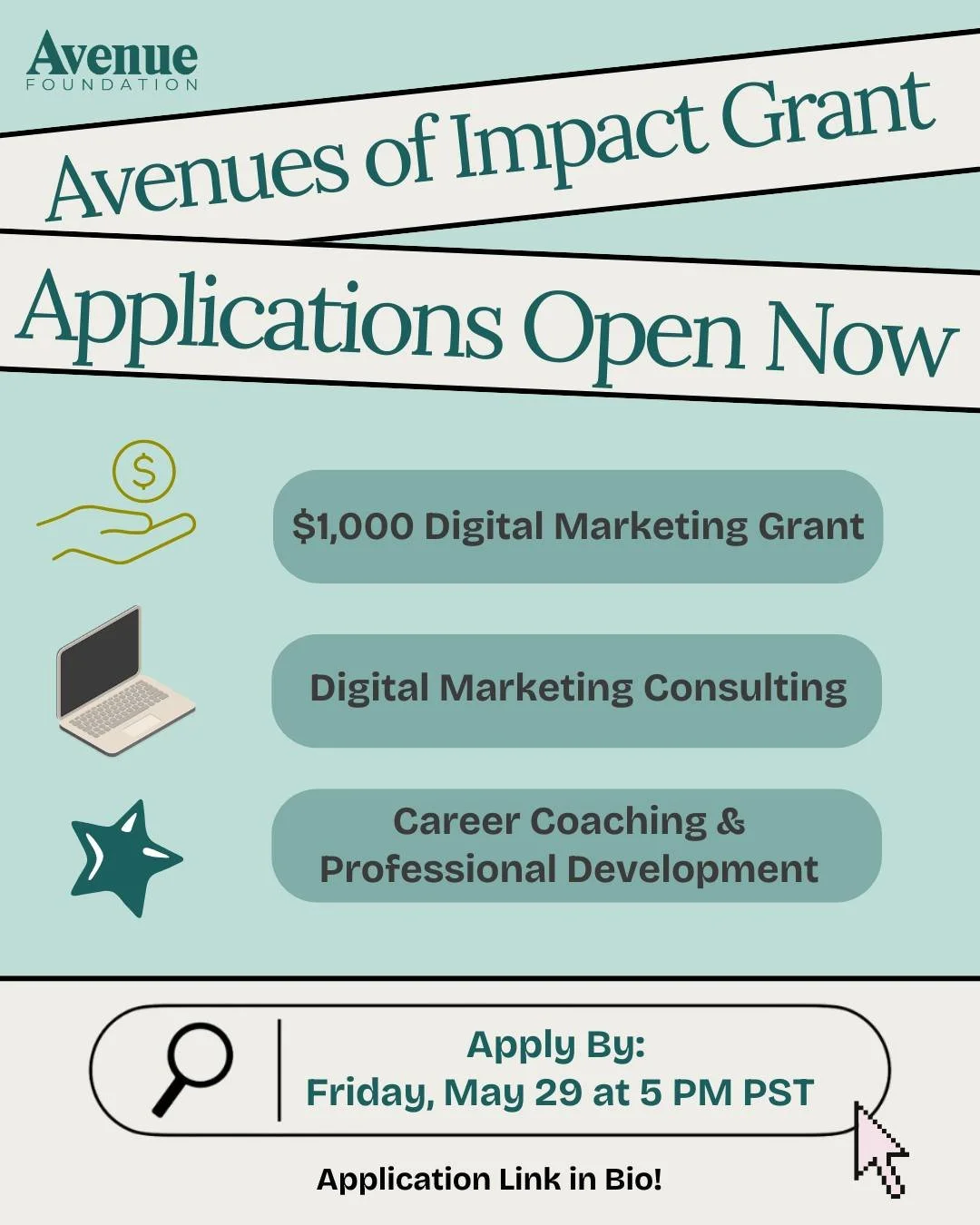 Avenue Foundation&rsquo;s Avenues of Impact Grant &amp; Mentorship Program is now accepting applications 💻✨

Selected businesses will receive:
&bull; A $1,000 grant funded by Avenue Agency&rsquo;s 1% revenue commitment
&bull; Tailored marketing cons