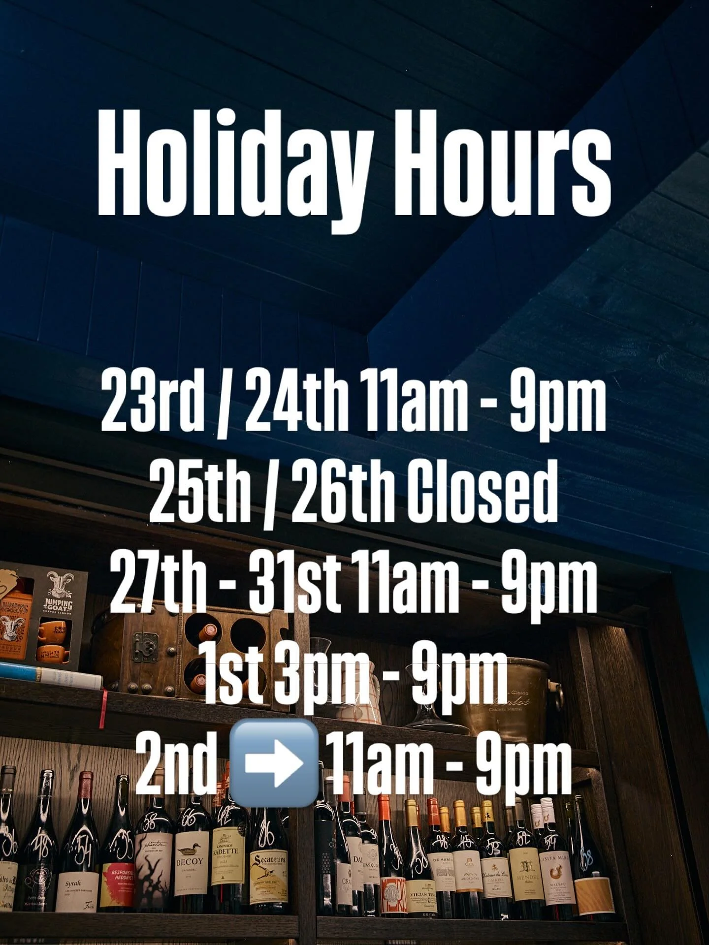 We are open as normal in the lead up to Christmas for all your last minute shopping! Then back from the 27th to help get you prepped for New Years!🎇🍾🎆

Our online store is always open with dispatch and pick up available when we are on deck! 

Meri