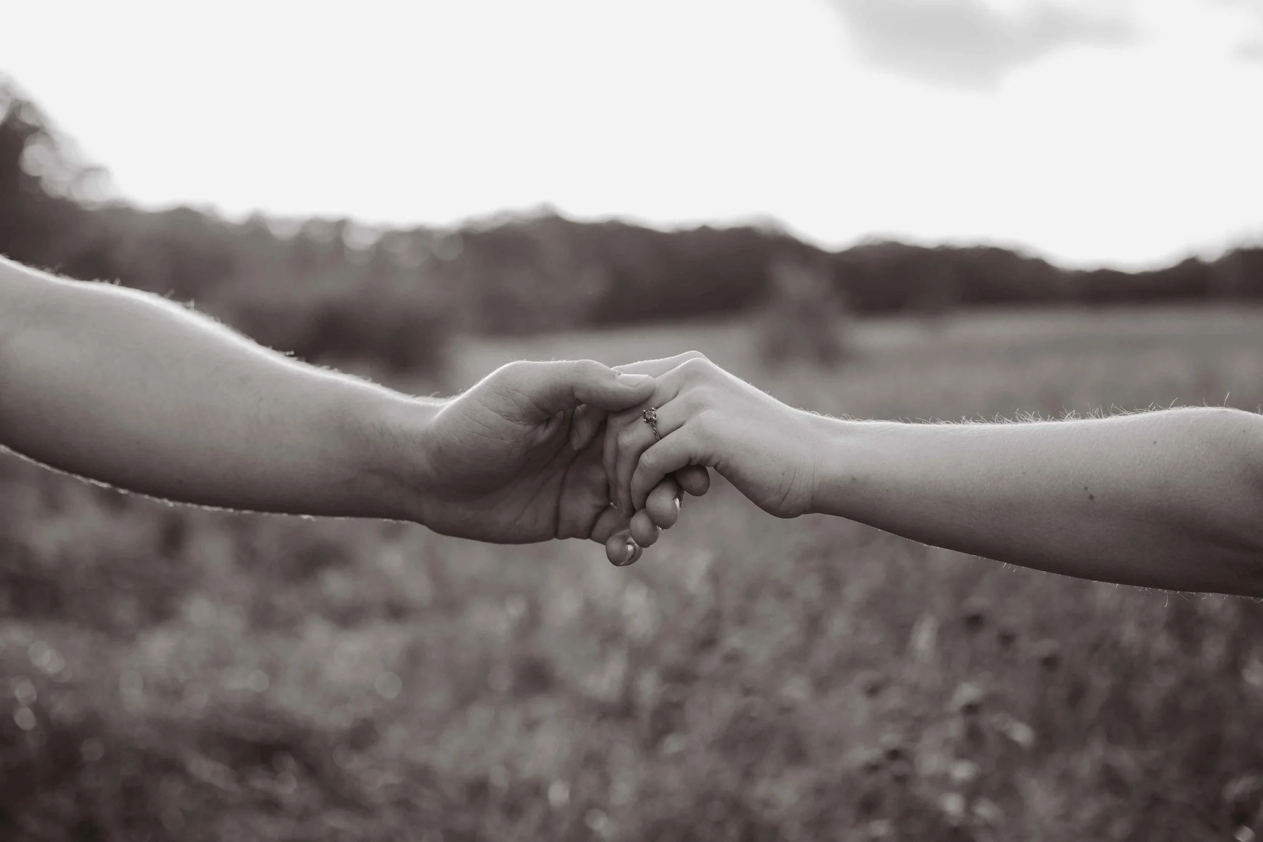 holding hands in a field in the summer in black and white