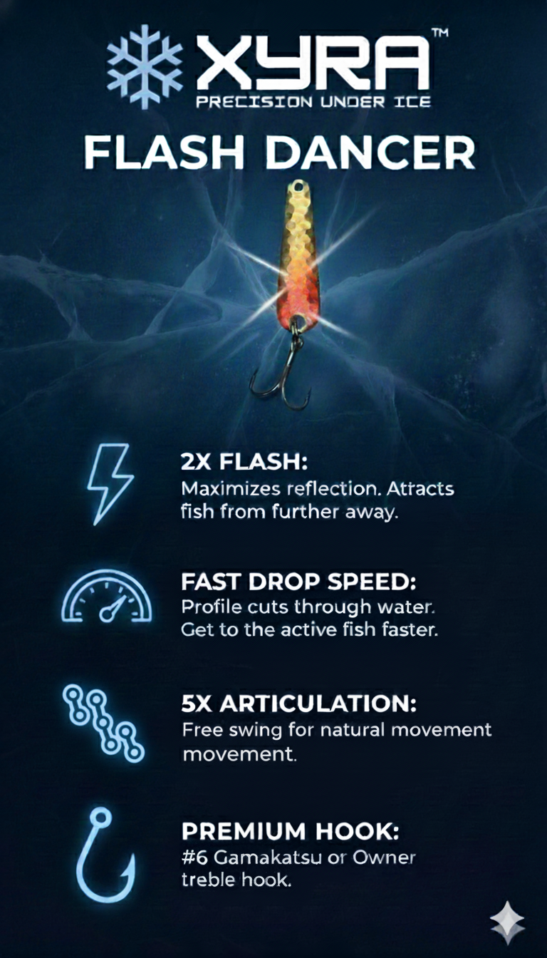 Packaging of XYRA Flash Dancer fishing jig lure featuring a blue background with snowflake logo, image of a colorful metal jig, and icons with descriptions of its features like double flash, fast drop speed, high articulation, and premium hook.