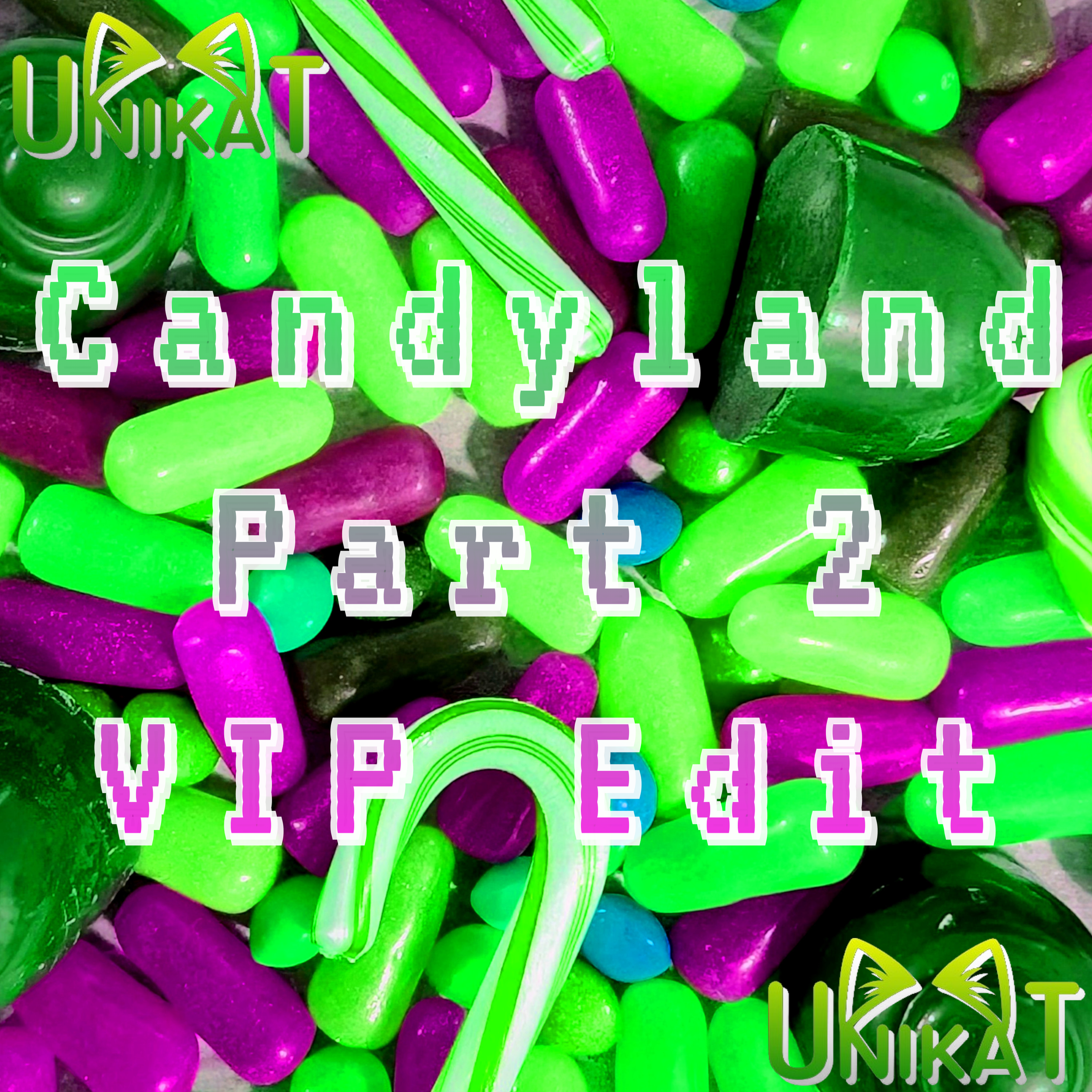 Colorful assortment of candies including purple, green, and blue gummies, with a sticker that has the text 'Unikat' and a stylized cat face logo.