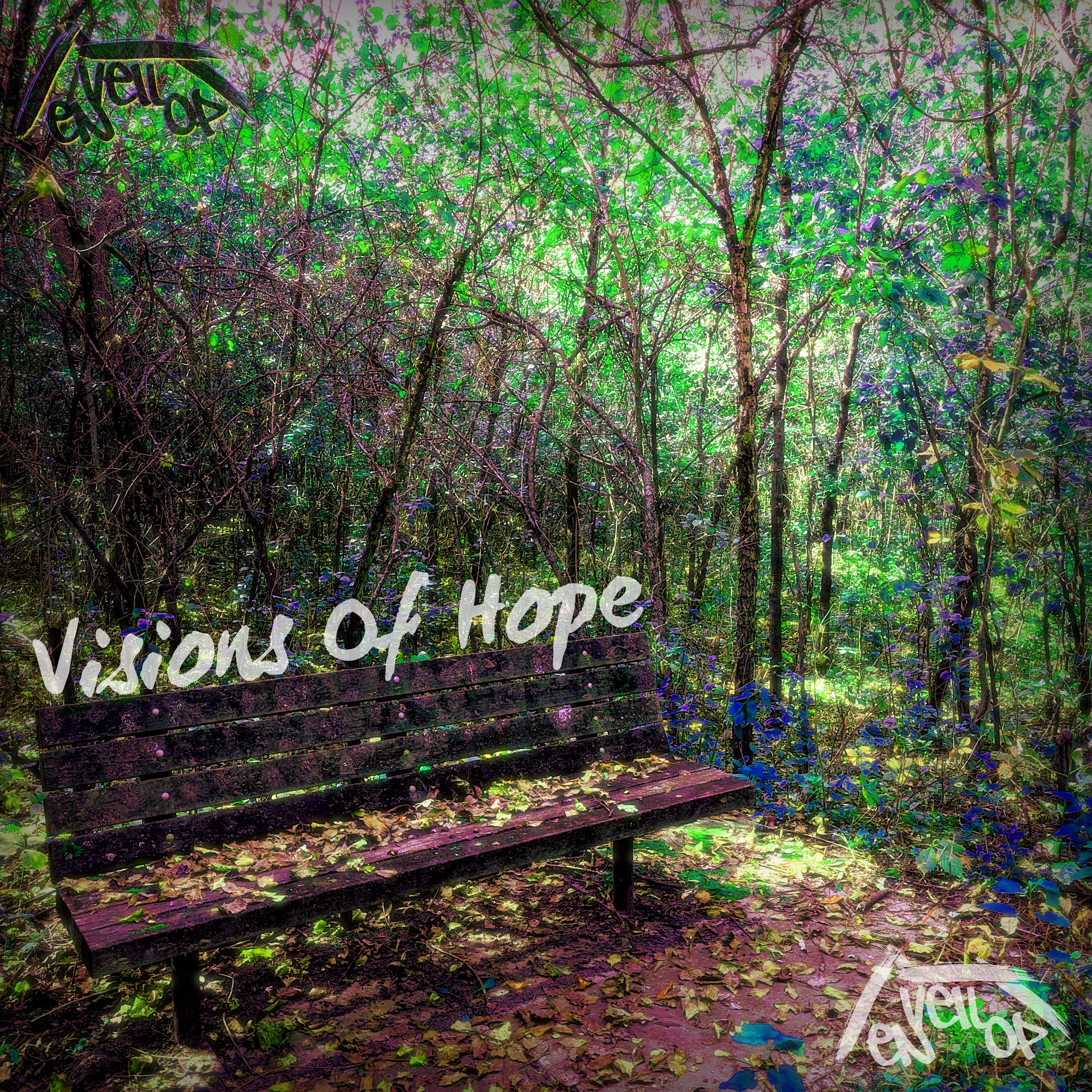A colorful, artistic photo of a wooded area with a sign that reads 'Vocations of Hope' among trees and fallen leaves.