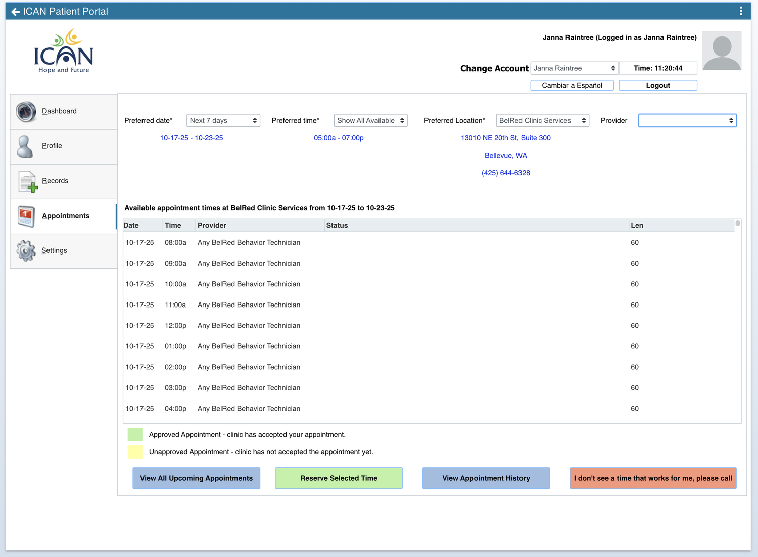 Patient Portal Appointments page showing upcoming scheduled visits list