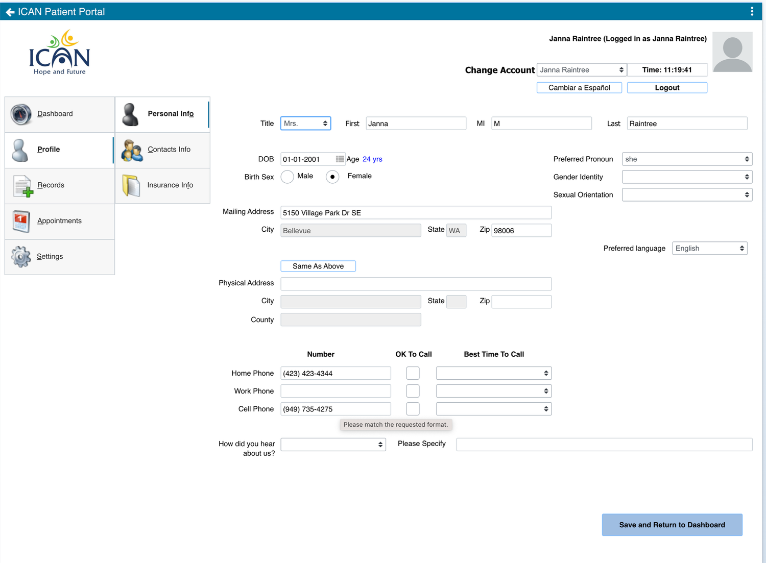 Patient Portal Profile page showing contact and insurance information fields