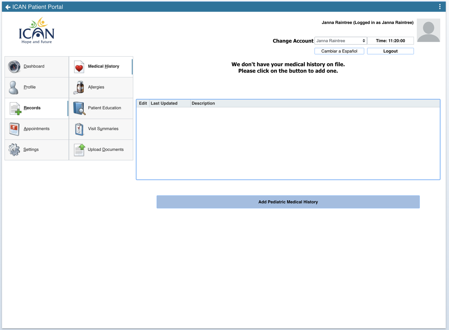 Patient Portal Records page showing Medical History tab with Pediatric Medical History option highlighted