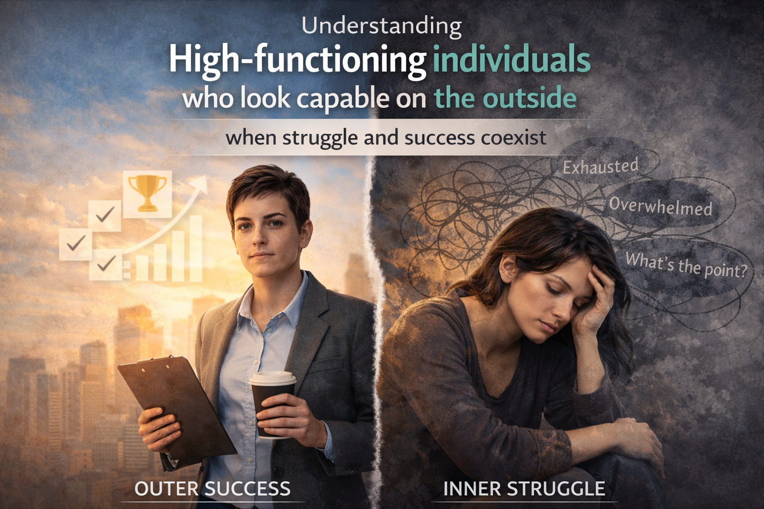 Comparison of outer success and inner struggle. Left side depicts a confident woman holding a coffee cup and clipboard with a city skyline in the background, symbolizing outer success. Right side shows a distressed woman with her hand on her forehead and chaotic thought bubbles, symbolizing inner struggle.