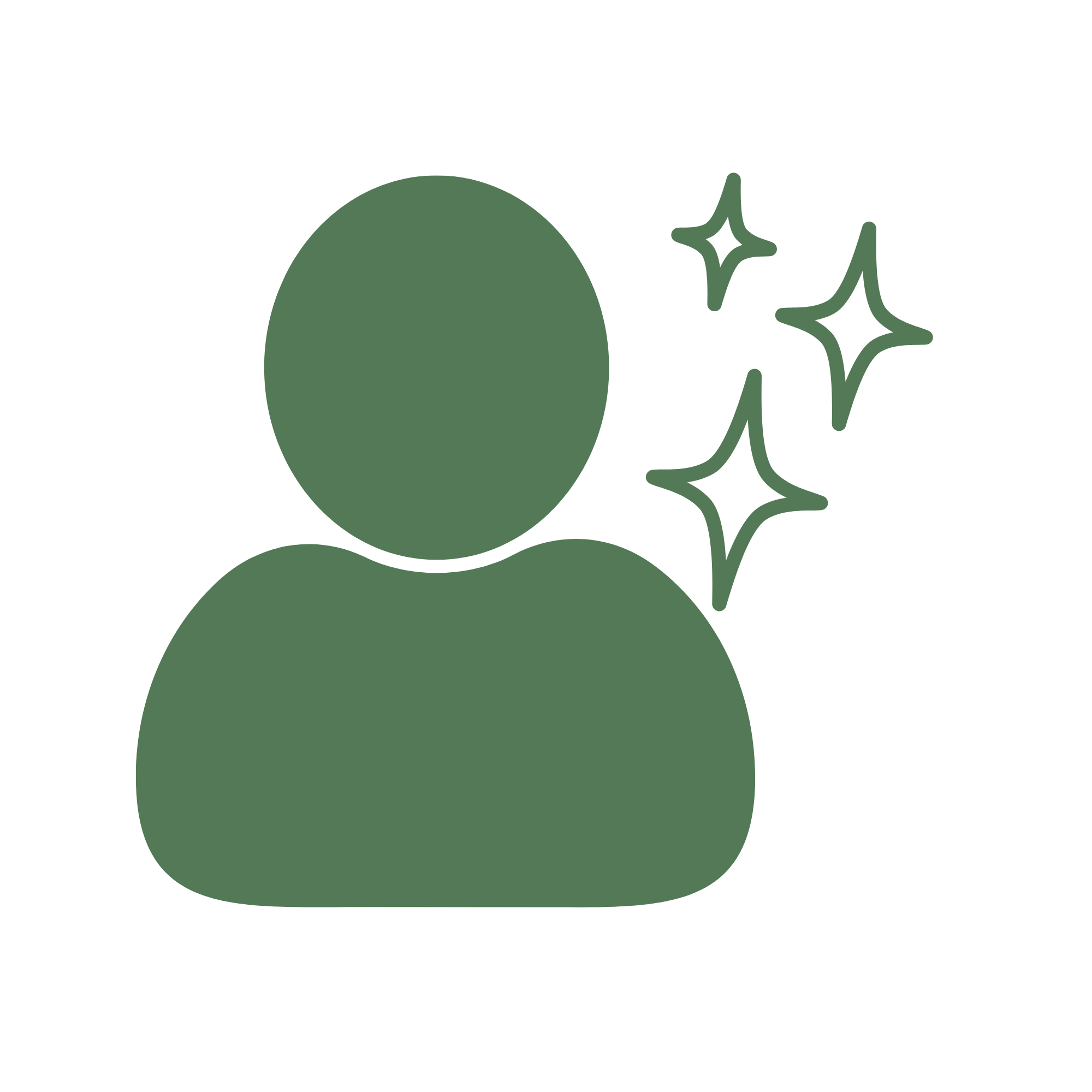 Icon of a person with sparkles around head, representing cleanliness or freshness.