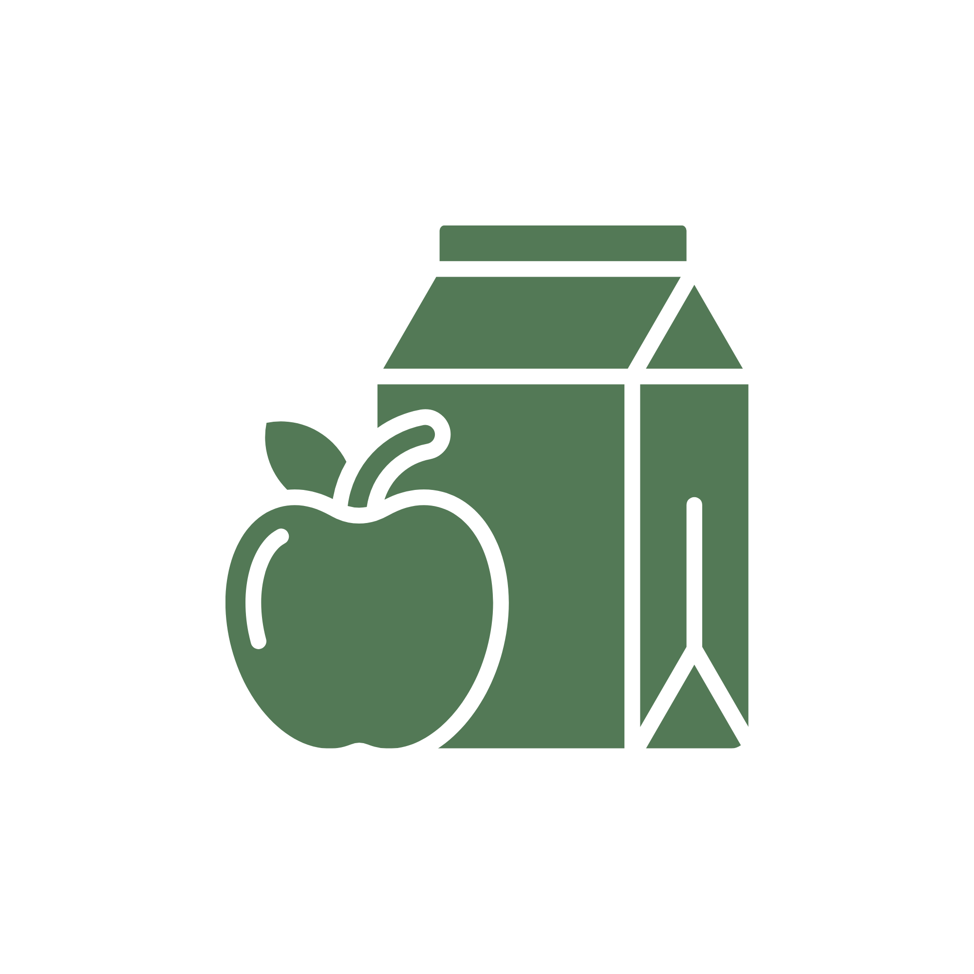 Green line drawing of a milk carton and an apple with a leaf.