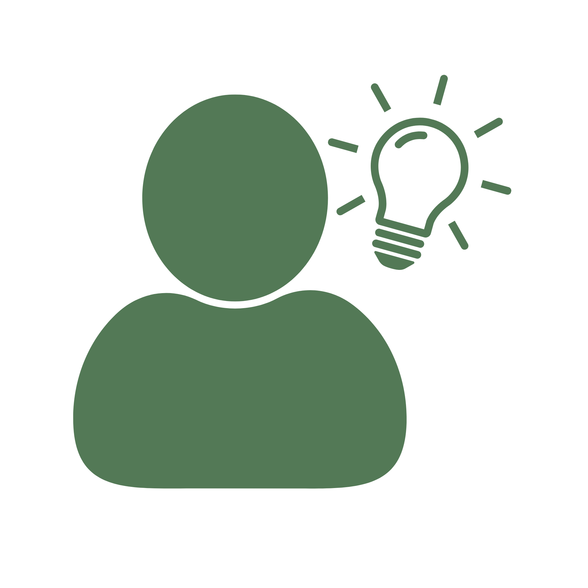 Minimalist icon of a person with a light bulb above their head, symbolizing an idea or creativity.