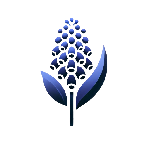 A stylized digital illustration of a cluster of small, dark blue buds or berries emerging from a large blue leaf.