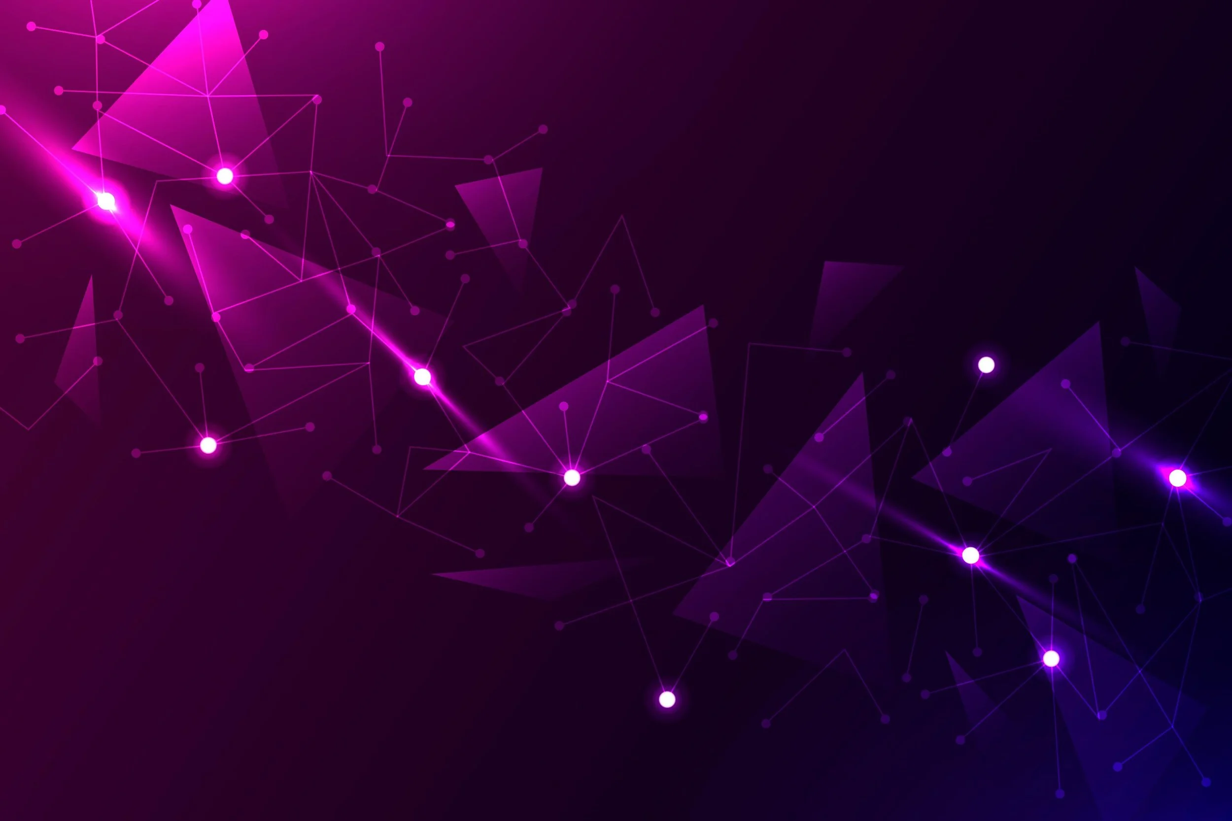 A digital abstract background of interconnected lines and dots in shades of purple and pink against a dark background.