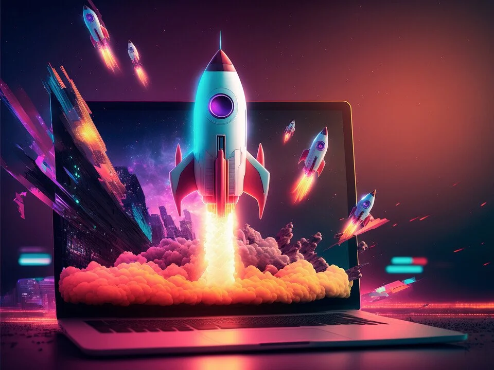 Futuristic digital illustration of rockets launching from a laptop screen with space background and colorful rockets in motion.