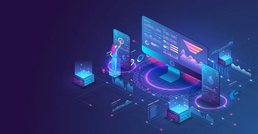 Futuristic digital data analysis with holographic screens and a person interacting with data charts on a large monitor.