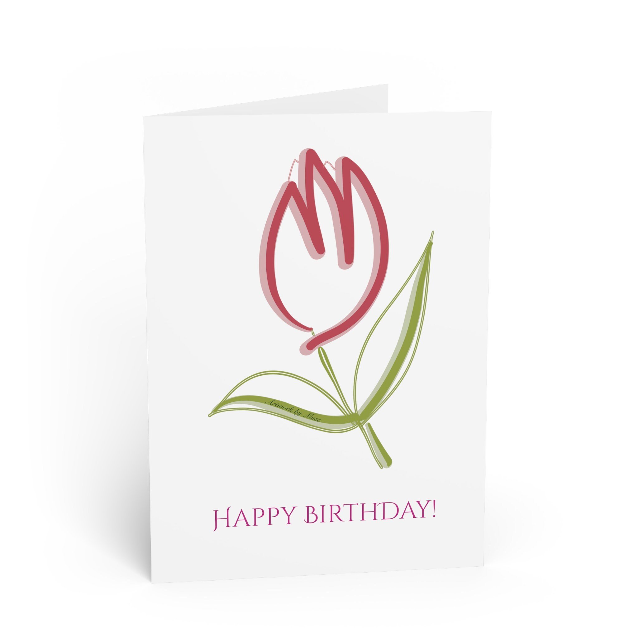 Pink Tulip Happy Birthday - 5x7 Folded Greeting Card with Envelope