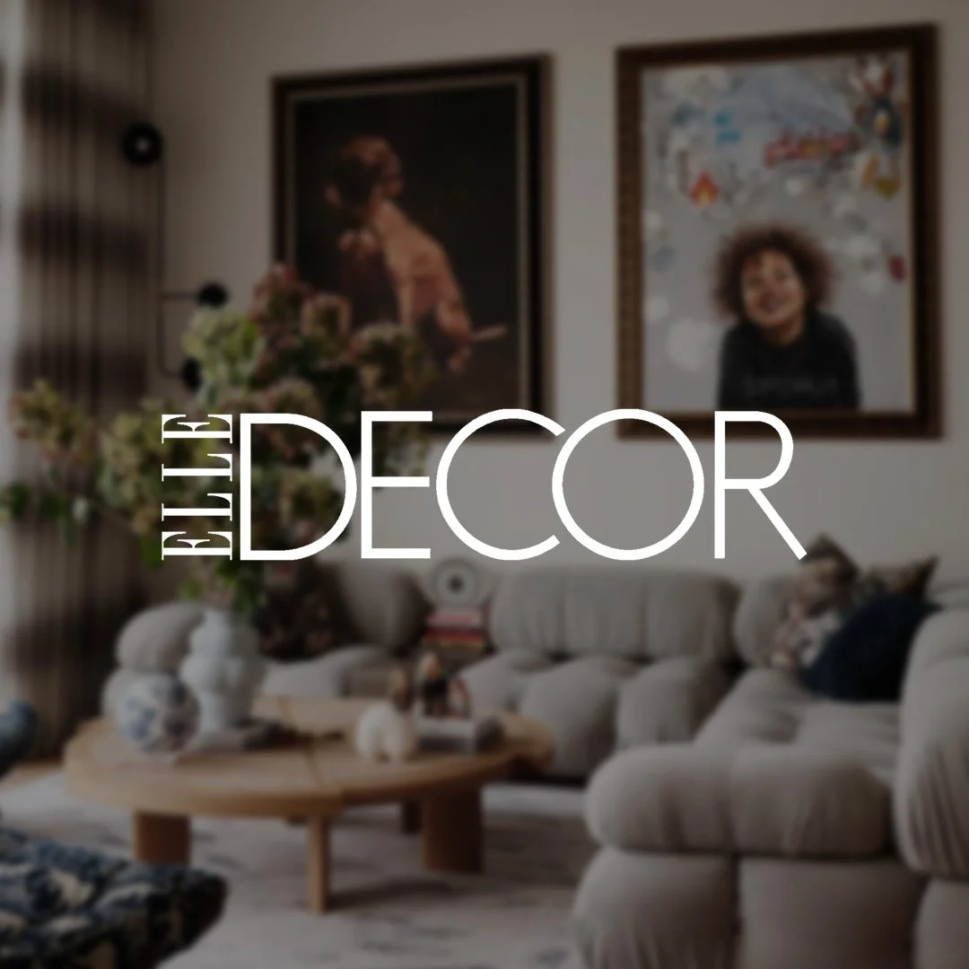 Sunken living room designed by Eva Bradley Studio with Artwork by Cory Bradley written about by Elle Decor