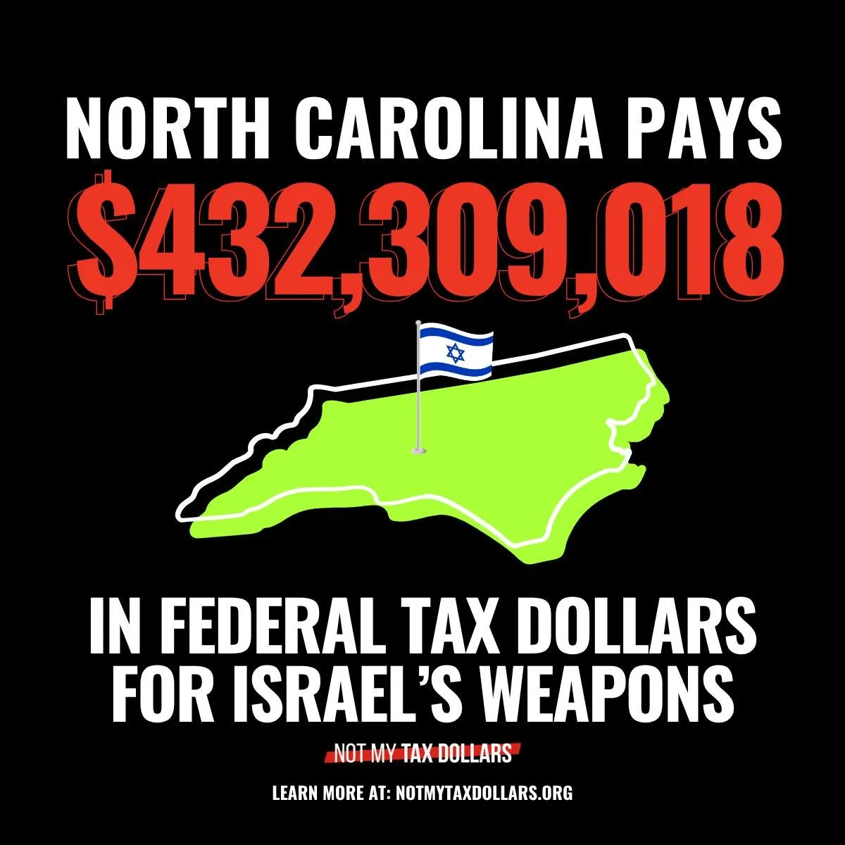 NORTH CAROLINA pays &gt;$432 MILLION in federal tax dollars for Israel's weapons.

Learn more at NotMyTaxDollars.org